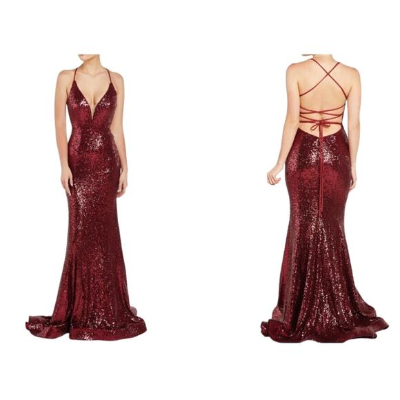 The Secret Dress by Alyce Paris Burgundy Sequin Gown – Size 8 - Open Back Train - Picture 1 of 14